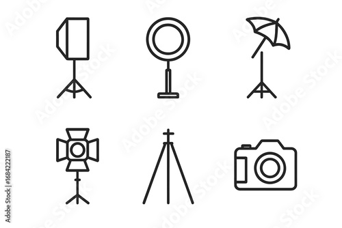 Photo studio equipment line icon set. Photography and video lighting kit. Vector icons of softbox, ring light, umbrella reflector, spotlight, tripod, and camera collection.