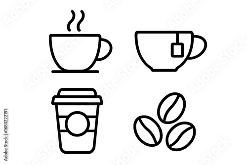 Coffee and tea outline icon set. Vector symbols of a coffee cup, tea mug, takeaway cup, and coffee beans for apps, websites, and infographics. Line art beverage elements.
