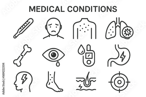 Medical conditions outline icons set. Health and disease symbols. Vector linear pictograms of symptoms like fever, pain, allergy, diabetes, headache, fracture, lung, skin.