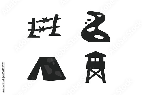 Military landscape icon set. Solid glyph icons of war and army elements. Barbed wire fence, muddy trail, camouflage tent and guard tower vector illustration silhouette.