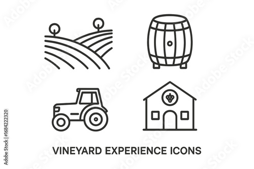 Vineyard Experience Icons, Outline Set of Vineyard Tour Elements Including Rolling Vineyards, Wine Barrel, Tractor, and Winery Building Vector Illustration Transparent