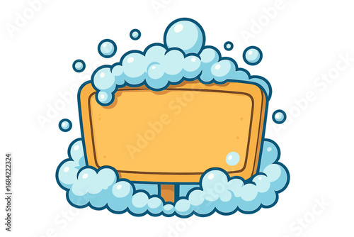 Soap foam and bubbles on a wooden sign. Cartoon vector illustration for cleaning service ads, banners, and posts. Clean wash concept with copy space for text. Frame template.