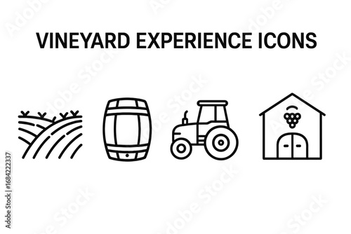 Vineyard Experience Icons, Outline Set of Wine Tour Symbols with Rolling Vineyards, Wine Barrel, Tractor, and Winery Building, Vector Illustration on Transparent Background