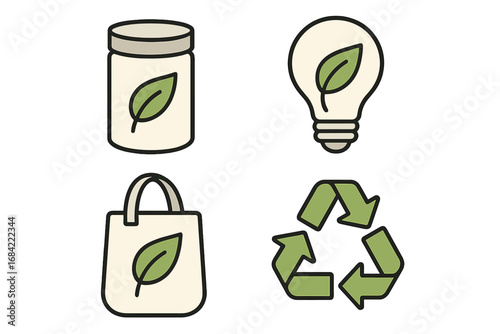 Set of eco friendly icons. Green energy, reusable bag, recycling symbol. Sustainability and zero waste concept. Ecology conservation for environment. Go green vector illustration.