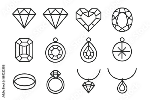 Jewelry and gems line icon set. Diamond, ring, necklace, pendant outline signs. Luxury brilliant, crystal, precious stone vector symbols for graphic and web design.