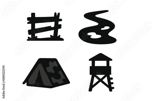 Military landscape icon set. Solid vector icons of army base elements. Broken fence, muddy trail, camouflage tent, and lookout tower for war game or survival concept.