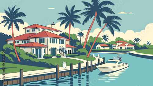Coastal Waterfront Home with Boat and Palm Trees Tropical Luxury Real Estate Illustration.