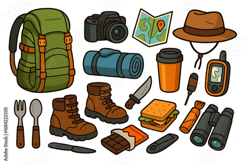 Essential travel gear for adventurous trips with food, exploration tools, navigation, camping equipment, hiking boots, and outdoor adventure accessories. Vector cartoon illustration.