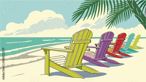 Colorful Adirondack Chairs on Sandy Beach Under Palm Tree and Blue Sky.