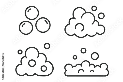 Bubble and foam line icon set. Vector collection of soap suds, fizz, and effervescent symbols. Simple black and white illustration for cleaning, washing, and hygiene concepts.
