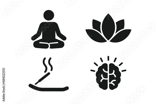 Mindful Eating Benefits Icons Set, Solid Filled Vector Symbols for Digestion, Energy Boost, Weight Control, Mood Improvement, Stress Relief, Wellness Concept Illustration