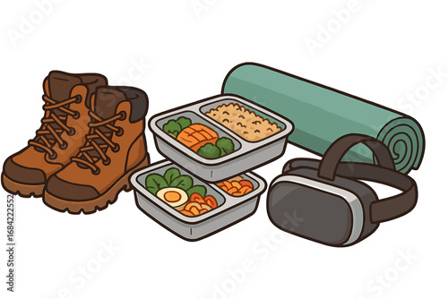 Outdoor adventure essentials with hiking boots, healthy meal prep, yoga mat & VR headset for a balanced active lifestyle. Modern hobbies concept vector cartoon illustration.