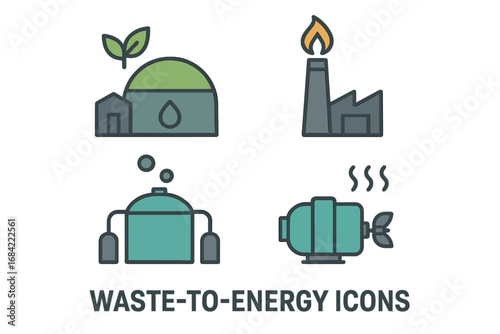 Waste-to-Energy Icons Set, Flat Vector Illustration of Biogas Plant, Incinerator Chimney, Anaerobic Digester Tank, Steam Turbine for Renewable Energy Concepts