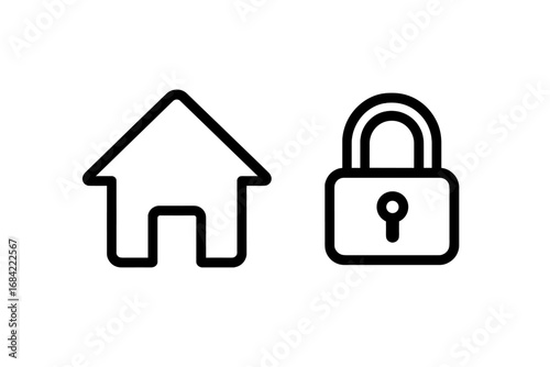 House and lock icon set for home security and property protection. Vector line art symbols for web, mobile app, and graphic design. Real estate safety and privacy concept.