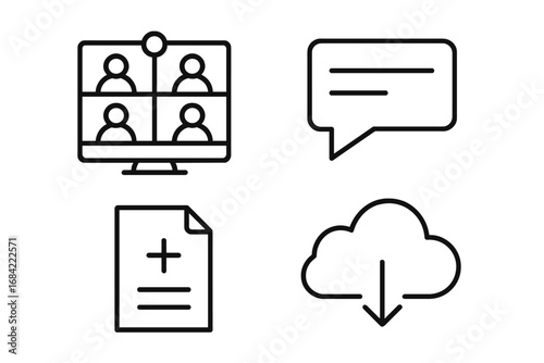 Remote work outline icon set. Vector icons for online collaboration, video conference, team meeting, chat bubble, messaging, shared document, and cloud download technology.