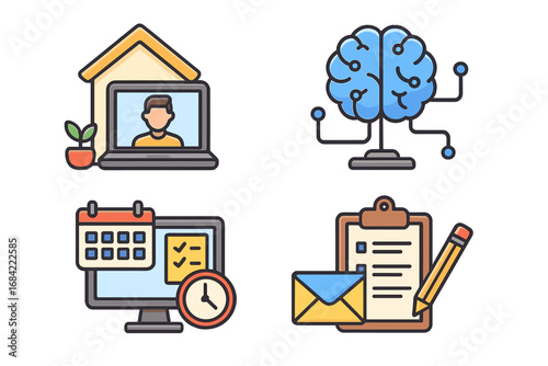 Modern work icon set with remote work, artificial intelligence, and productivity tools. Concepts of home office, time management, AI, scheduling, and business workflow. Vector.