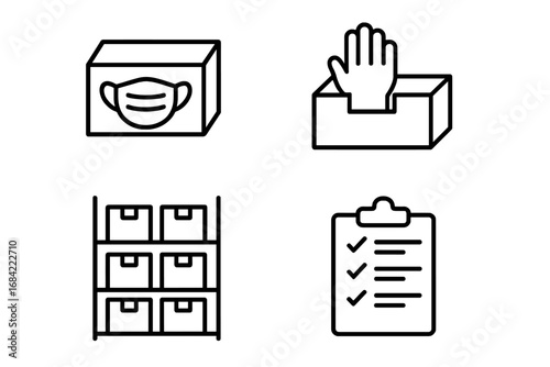 PPE inventory management outline icon set. Vector icons for personal protective equipment supplies, including mask box, gloves, storage rack shelf, and stock checklist clipboard.