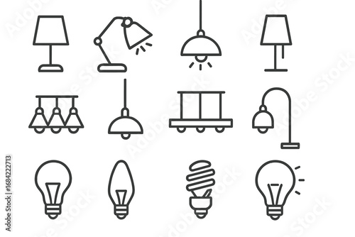 Lamp and light bulb line icon set. Vector collection of lighting pictograms. Table lamp, luster, floor lamp, street light. Minimalistic linear symbols for web design.