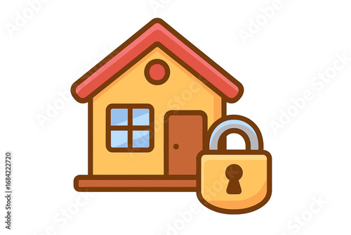 Home security concept with house and padlock. Property protection, real estate insurance, and private access symbol. Vector cartoon icon illustration for web and apps.