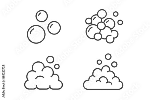 Bubble and foam line icon set. Soap suds vector illustration. Fizzy pop and soda water bubbles. Clean wash concept. Detergent lather, shampoo effect. Effervescent aqua.