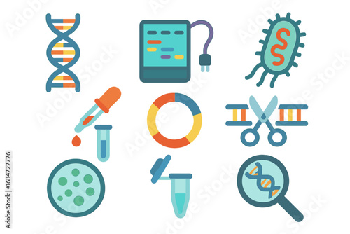 Molecular biology icon set. Genetics science, DNA research, and biotechnology concepts. Gene editing, sequencing, laboratory experiment, and analysis vector flat cartoon icons.