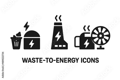 Waste-to-Energy Technology Icons, Flat Vector Set Featuring Biogas Plant, Incinerator Chimney, Anaerobic Digester Tank, Steam Turbine Energy Production Symbols Transparent Background