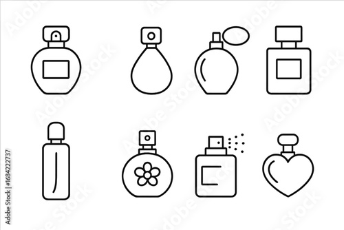 Perfume bottle line icon set. Fragrance and cologne thin line vector icons. Minimalist pictogram collection for beauty, cosmetics, and fashion. Scent spray symbol pack.
