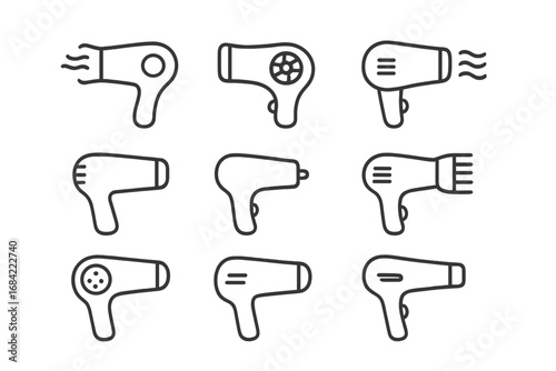 Hair dryer line icon set. Minimalist blow dryer outline symbols for beauty salon and hairdressing. Vector pictogram collection for hair care, styling appliance and professional barber shop.