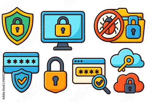 Cybersecurity icon set. Data protection and internet safety symbols. Padlock, shield, password, cloud, and antivirus cartoon vector illustrations for digital security concepts.