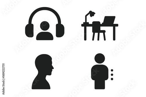Vector icons of modern loneliness and social isolation. Glyph set showing remote work, person with headphones, and alone profile. Mental health and solitude concept symbols.