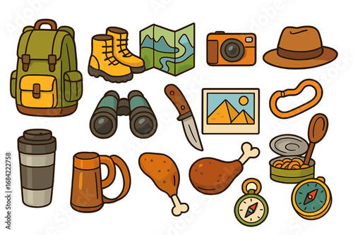 Essential Travel Gear for Adventurous Trips with Exploration, Outdoor Food Supplies, Navigation Tools, Hiking Boots, Camera, and Survival Equipment Vector Illustration