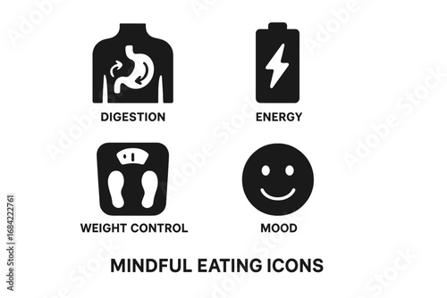 Mindful Eating Icons Set with Solid Filled Symbols Representing Digestion, Energy, Weight Control, Mood, and Stress Relief Benefits for Health and Wellness