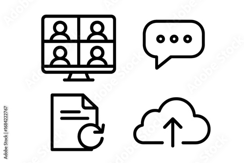 Remote work line icon set. Online meeting, video conference, chat, and cloud collaboration symbols. Business communication and technology vector icons for web and mobile.