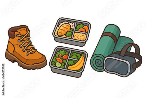 Active lifestyle essentials vector set. Hiking boot, healthy meal prep, yoga mat, and VR headset for modern adventure, fitness, and virtual entertainment. Cartoon icons.