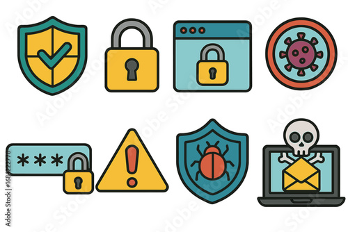 Cybersecurity icon set. Digital safety, data protection concept. Internet security symbols like shield, padlock, password. Antivirus, malware, virus, hacking, phishing.