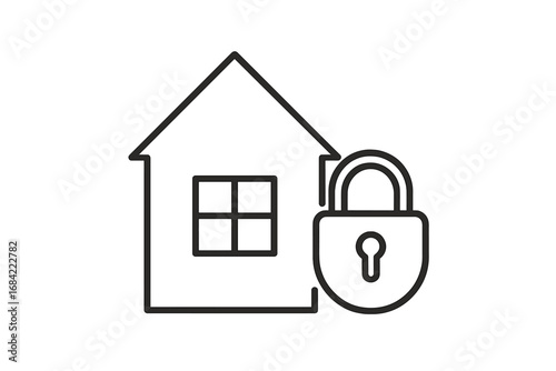 Home security icon with house and padlock. Real estate safety and property protection concept. Vector line illustration for web, app, or insurance business. Secure access.