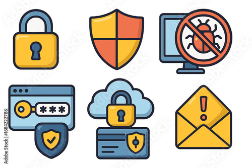 Cybersecurity icon set. Vector cartoon illustration of digital safety concepts. Online data protection, antivirus, password security, cloud storage safety, and email spam threat icons.