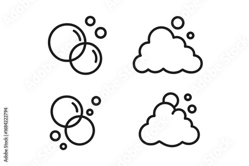 Simple line icons of soap bubbles and foam suds. Vector set for cleaning, washing, and hygiene concepts. Effervescent water fizz and shampoo lather cartoon illustration.
