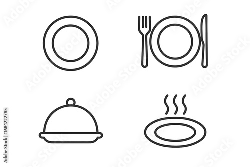 Restaurant dinner line icon set. Vector collection of minimalist food service pictograms. Includes plate with cutlery, hot meal, serving cloche. For web, menu, cookery concept.
