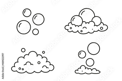 Soap bubbles and foam line icon set. Vector cartoon illustration of suds, lather, and fizzy pop bubbles. Minimalist cleaning, washing, and hygiene graphic design elements.