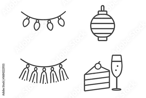 Party decoration outline icon set. Vector symbols for celebration, birthday, or event. Minimalist line art of fairy lights, paper lantern, tassel garland, cake, champagne glass.