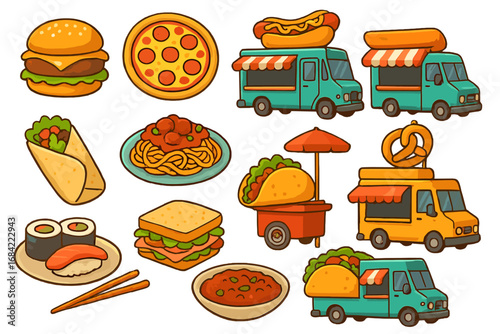 Vector cartoon illustration set of street food. Includes food trucks, taco cart, hamburger, pizza, hot dog, burrito, spaghetti, sushi, sandwich, chili. Fast food icon collection.