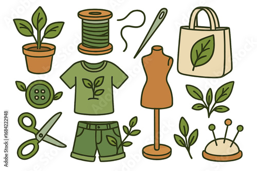 Sustainable fashion & slow sewing vector icon set. Eco-friendly clothing, organic textile & tailoring tools. Green lifestyle concept with plant, leaf, needle, thread, scissors.