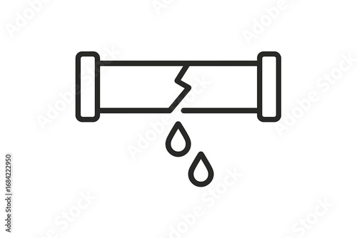 Leaking pipe icon. Broken water pipe with dripping water. Vector line art for plumbing problems, damage, and repairs. Minimalistic pictogram for web, apps and infographics.