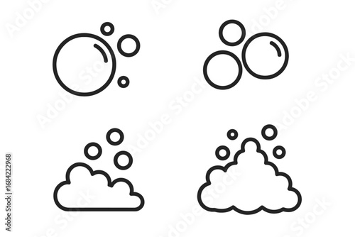 Bubble and foam outline icon set. Soap suds, lather, effervescent, and fizzy pop concept. Vector line art for cleaning, washing, hygiene, and carbonated drinks.