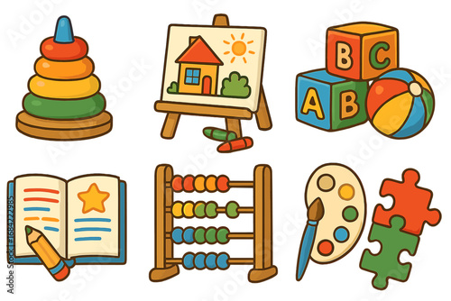 Vector set of childhood education and learning icons. Cartoon toys for preschool and kindergarten development, includes art easel, abacus, ABC blocks, book, puzzle, and pyramid.