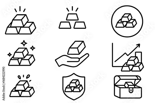 Gold bar line icon set for finance and investment. Vector collection of bullion, treasure, and wealth symbols. Editable stroke for banking, savings, and asset concepts.