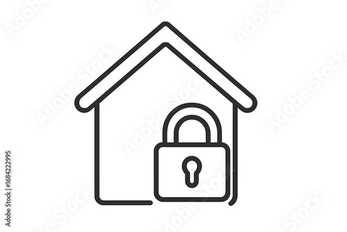 Home security icon with padlock. House protection and safety concept. Real estate insurance and property protection. Secure building line symbol for web and apps. Vector.