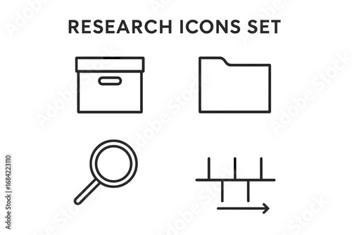 Research icons set. Line icons for data analysis, investigation, and archives. Vector symbols of magnifying glass, file folder, box, and timeline for web and infographics.