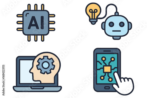 Artificial intelligence icon set. AI technology concepts for modern applications. Vector icons of robot, chip, machine learning, mobile app. Automation and innovation idea.